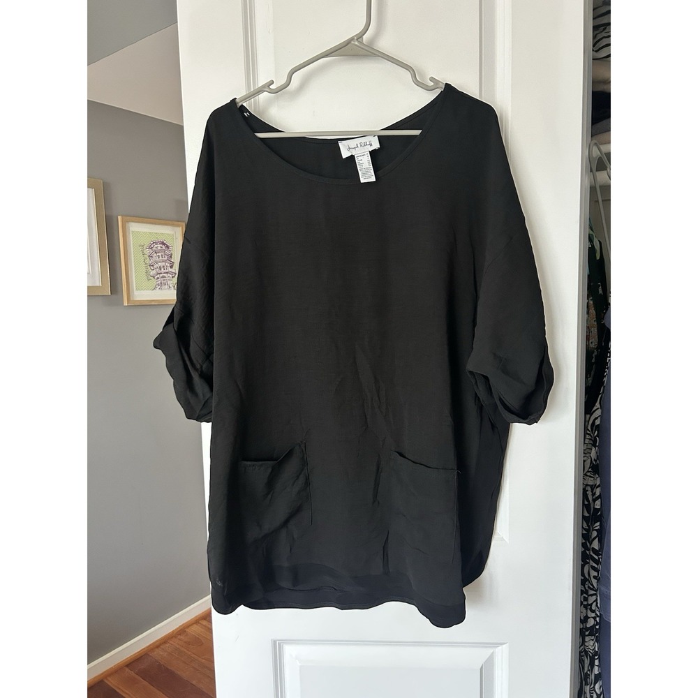 Joseph Ribkoff Black Tunic Top Back Button 3/4 Length Roll Tab Sleeve Size 14